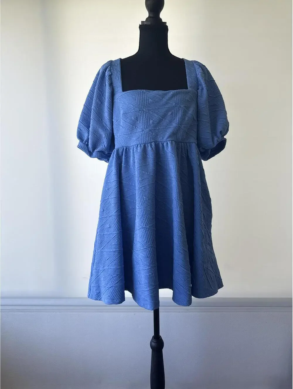 Free People Blue Mini Dress M Puff Sleeve Textured Open Back Tie - Picture 3 of 8